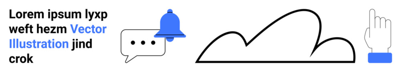 Bell icon, speech bubble with dots, abstract cloud, and pointing hand symbolizing notifications, communication, storage, interaction, and minimalism. Ideal for apps websites tech illustrations or