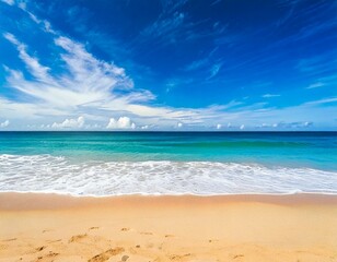 Fototapeta premium Beautiful tropical beach with blue sky and white clouds abstract texture background. Copy sp