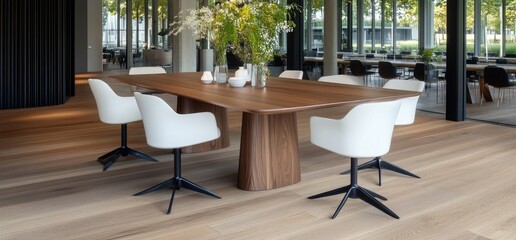 Obraz premium Modern conference room interior with wooden table and white chairs