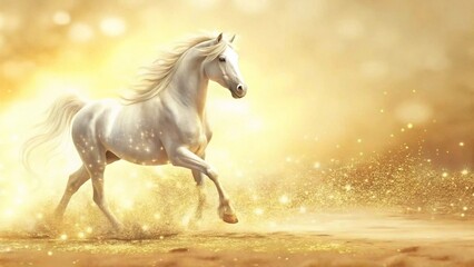Majestic White Stallion Galloping in Golden Light with Ethereal Glow and Fantasy Atmosphere

