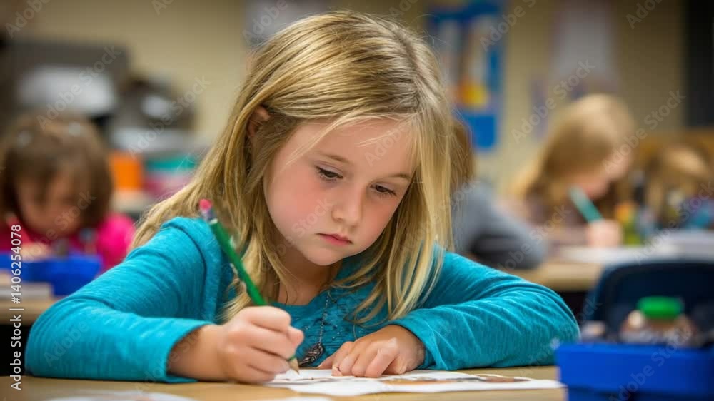 Poster girl engaged in classwork while writing in notebook at school generative ai