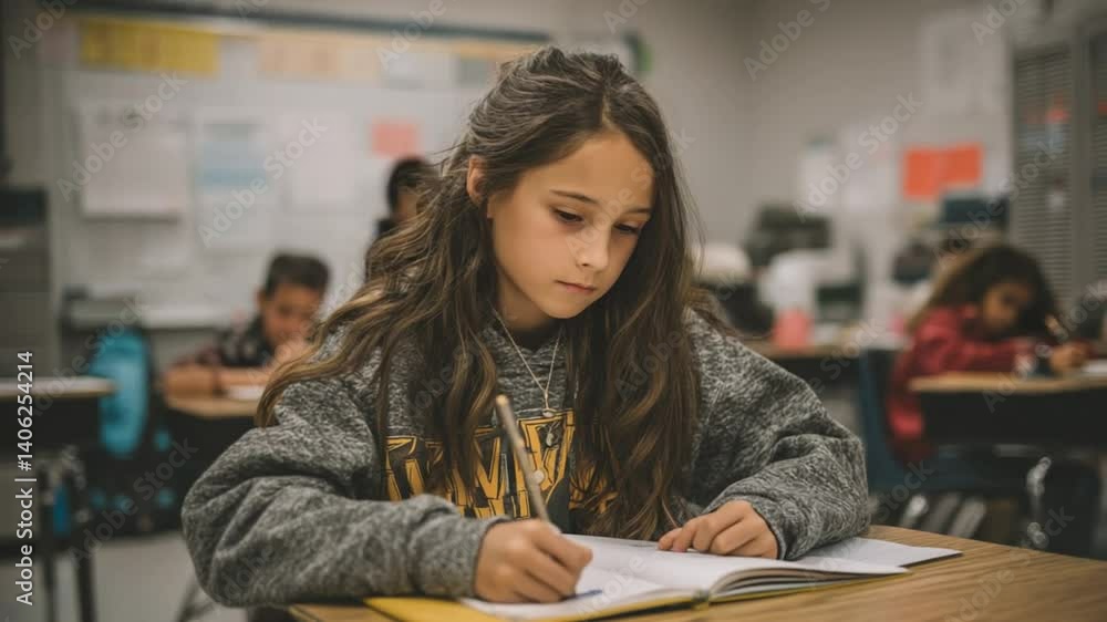 Poster girl writing in notebook at desk during classroom classwork session generative ai