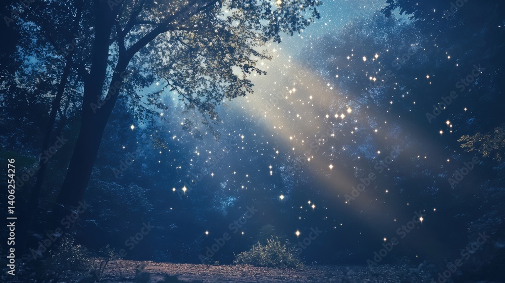 Poster sunlight beams through a forest with sparkling illuminated particles