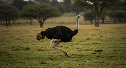 Fototapeta premium Ostrich walking in savannah with trees