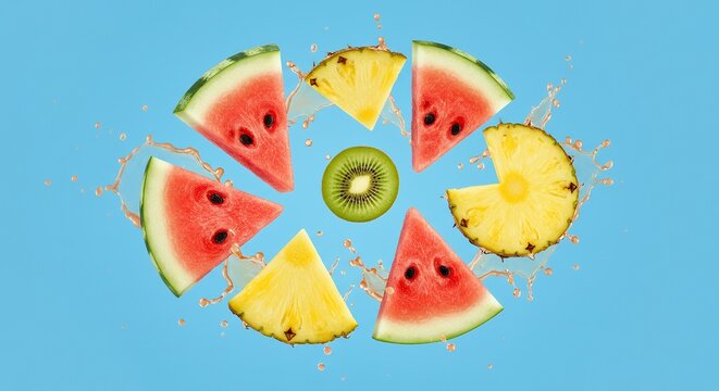Arrangement of Fresh Fruit Slices with Juice Splashes on Blue