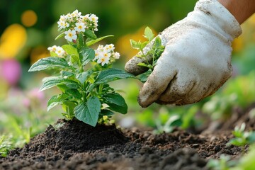 Obraz premium Gardener planting a small flowering plant in soil. Soil and plants dominate the image
