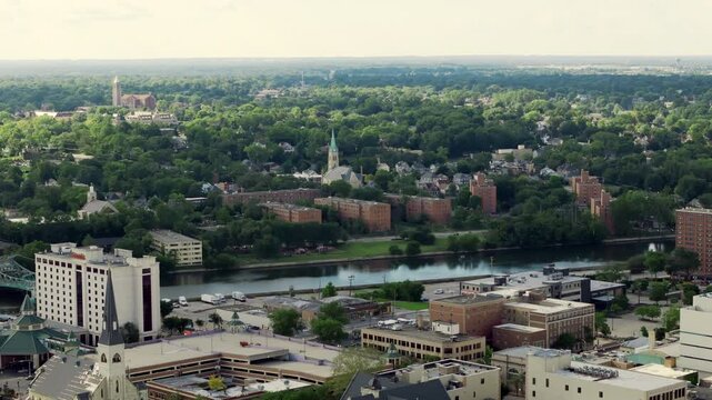 Aerial shot over Joliet with a clear view of cityscape and infrastructure.
