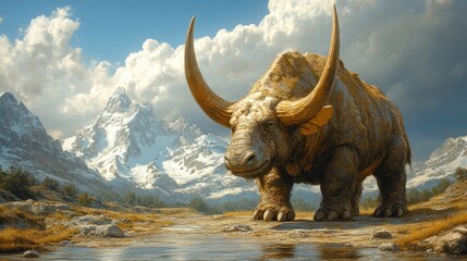 Fototapeta premium Majestic Elasmotherium: A Prehistoric Giant in a Snowy Mountain Landscape