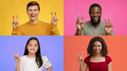 A collection of diverse individuals expressing joy and positivity with V gestures. Each person, smiling brightly, conveys a sense of accomplishment against vibrant, colorful backgrounds.