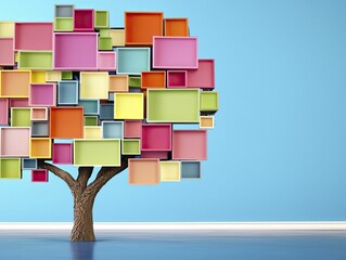 A vibrant tree made of colorful geometric shelves stands against a bright blue background