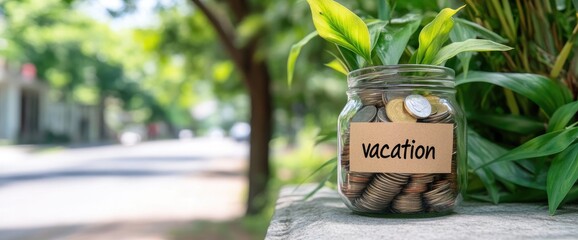 Money in jar represents savings for vacation and financial growth