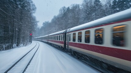 Fototapeta premium A passenger train travels through a snowy forest during winter