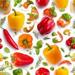  Color peppers with basil and rosemary isolated on white background. Food seamless pattern.