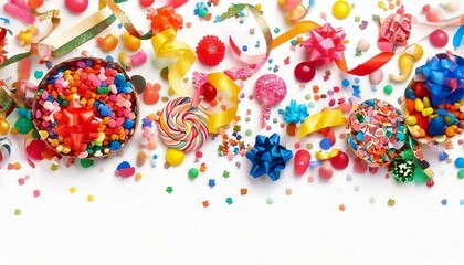 Obraz premium Colorful party streamers, candy, confetti decoration isolated on white background.