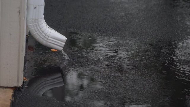Heavy Rain Hitting House Roof and Rain Gutter. Slow motion shot