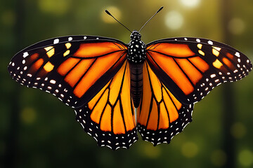 Fototapeta premium Majestic monarch butterfly in flight lush forest nature photography serene atmosphere close-up