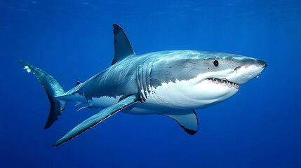 Fototapeta premium A majestic great white shark swims in the deep blue ocean.