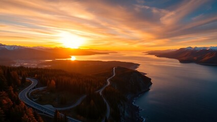 Obraz premium Golden Horizon: Aerial View of Autumn Sunset Over Sea to Sky Highway and Howe Sound