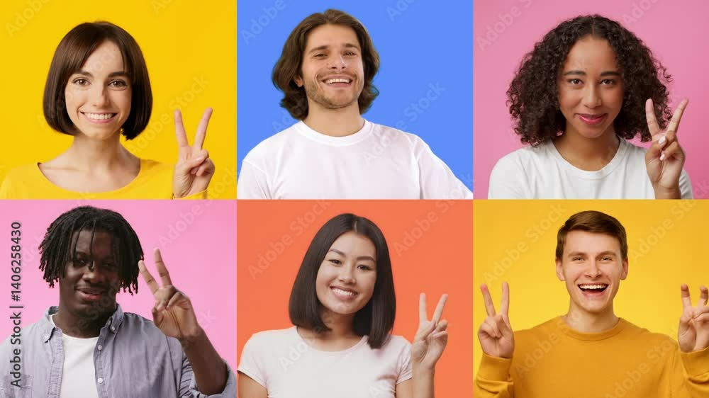 Poster A collection of diverse individuals share joyful expressions and vibrant V gestures, showcasing happiness and success against colorful backgrounds. The atmosphere is filled with positivity.
