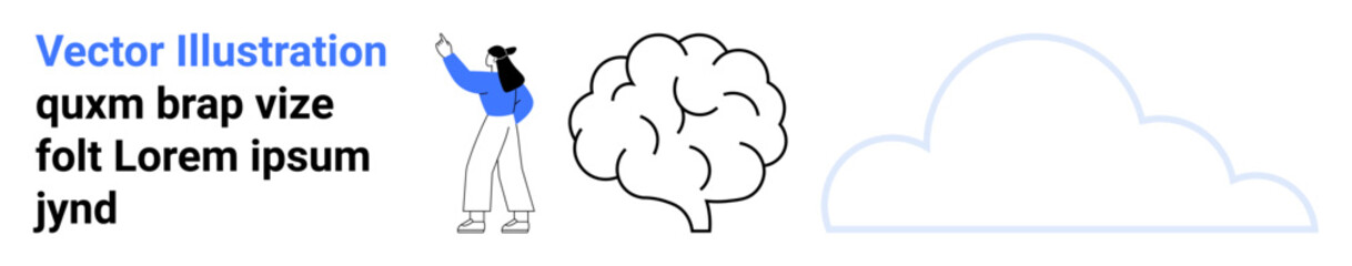 Woman pointing at abstract brain illustration next to cloud outline. Ideal for technology, brainstorming, learning, innovation, creativity, neuroscience, simple landing page