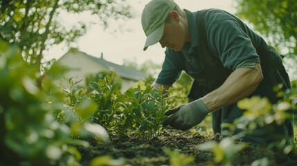 Landscaper planting shrubs in a residential garden. Featuring landscaping work