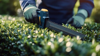Fototapeta premium Landscaper trimming bushes in a garden. Featuring horticultural care