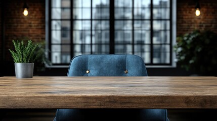 A wood table stands against a blurred city background, potted plant and blue chair on the table
