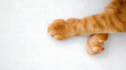 Adorable orange cat paw with soft fur resting on clean white background, minimalist top view close-up showing outstretched feline leg with five visible toes in natural relaxed pose