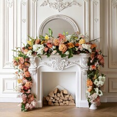  Elegant white fireplace full of flowers. Elegant white room decorated