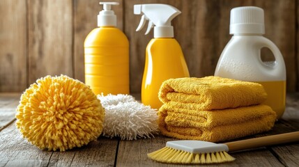 Bright Yellow Cleaning Supplies and Soft Towels on Rustic Wooden Background