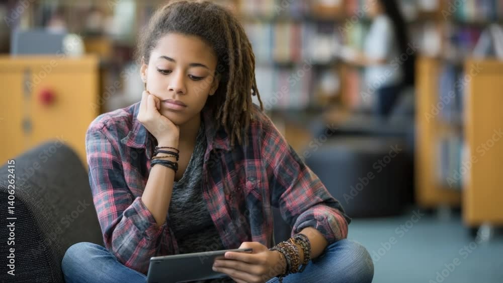 Poster high school student studies with tablet in library setting generative ai