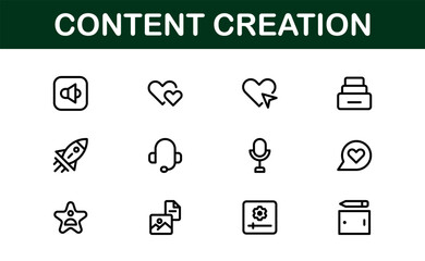 Essential Content Creation Icon Set Vector Illustration. Includes Icons for Editing, Graphics, and Digital Media to Power for Creative Projects.