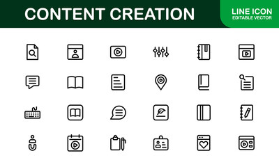 Essential Content Creation Icon Set Vector Illustration. Includes Icons for Editing, Graphics, and Digital Media to Power for Creative Projects.