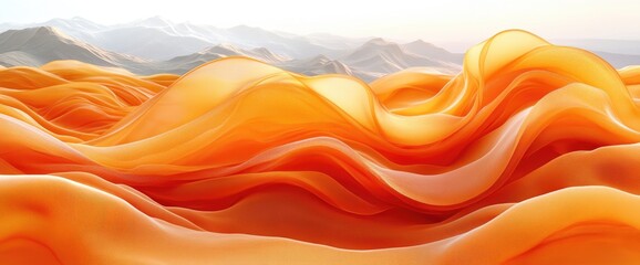 Fototapeta premium Abstract orange waves cascade under soft light with mountain backdrop