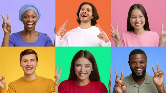 A joyful collection of six diverse individuals expressing happiness through V gestures. Each person represents success and positivity against vibrant backgrounds.