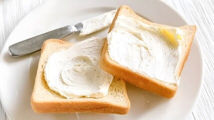 Top view of two slices of white bread spread with cream cheese next to a butter knife and an empty plate on white table background, captured in high-resolution macro style with bright lighting