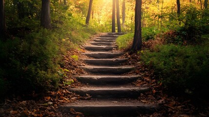 Obraz premium Autumn Forest Path Steps Sunlight