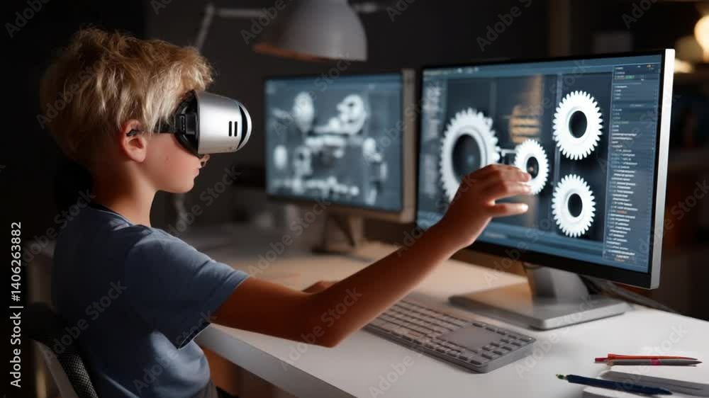 Poster boy engages in virtual reality learning in computer science class generative ai