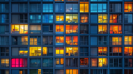 Colorful windows of modern building at night create vibrant mosaic