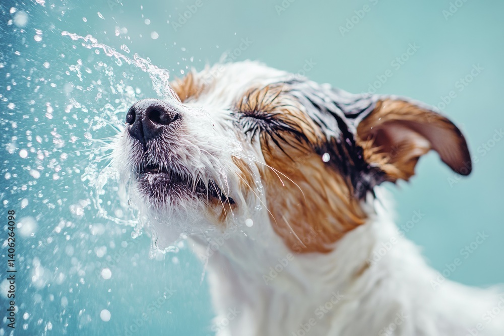 Poster wet dog shakes off water after bath, creating a splash with fur droplets against a vibrant backgroun