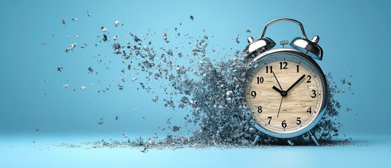 Alarm clock on light blue surface shattering into dust