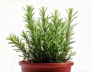 Fresh rosemary in pot. Creative layout with potted herbs isolated on white background.