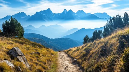 Hilly path leading to beautiful mountains shrouded in hazy mist layers
