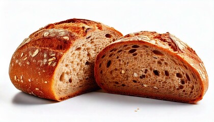  Fresh whole grain bread cut in half on white background
