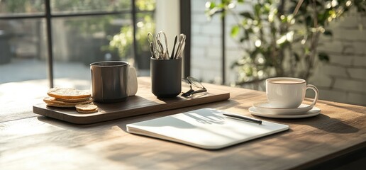 Office workspace with notebook and coffee in modern office perfect for business and productivity