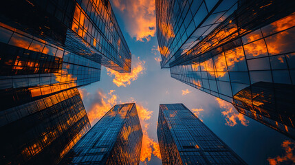 Skyscrapers reflect vibrant sunset clouds in stunning urban scene