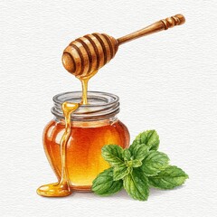 Golden Honey Pouring from Dipper into Jar with Mint Leaves