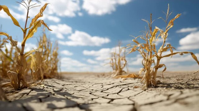 Drought corn field, highlighting drought effects and environmental concerns in a cinematic style.