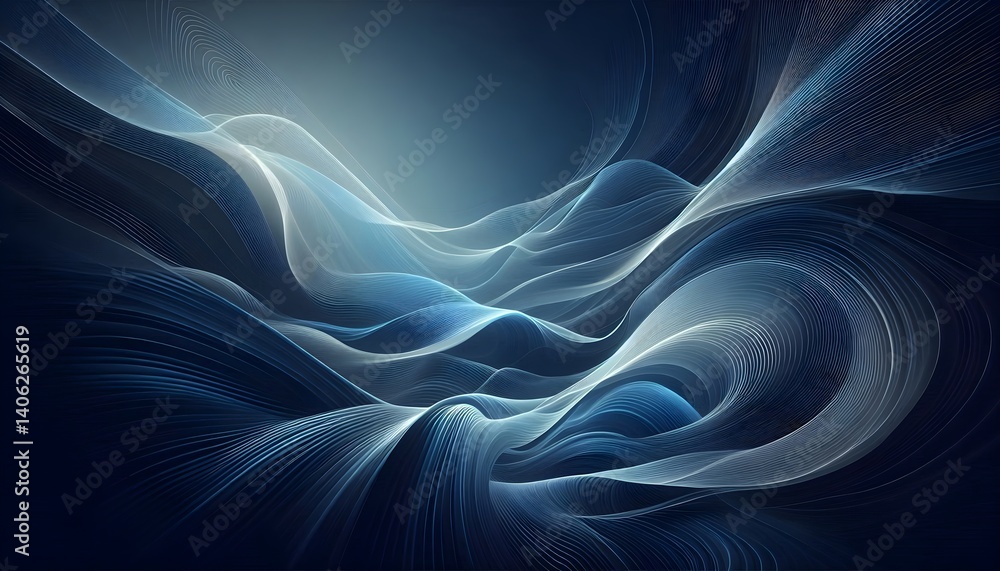 Poster an abstract digital background in soft blue tones featuring flowing ribbon-like curves with minimali