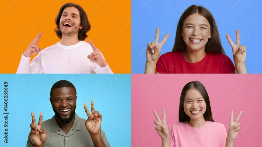 Poster a diverse group of four individuals are joyfully celebrating success, each showing a v gesture. thei